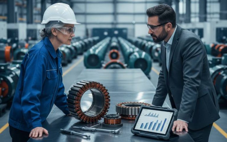 Engineers reviewing stator and rotor